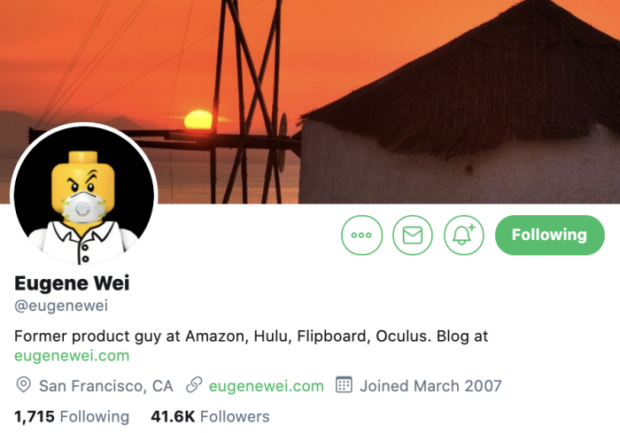 Eugene Wei's Twitter profile, showing his handle @eugenewei, bio describing his former product roles at Amazon, Hulu, Flipboard, and Oculus, and a Lego figure avatar.