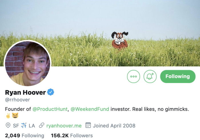 Ryan Hoover's Twitter profile identifying him as founder of Product Hunt and an investor.