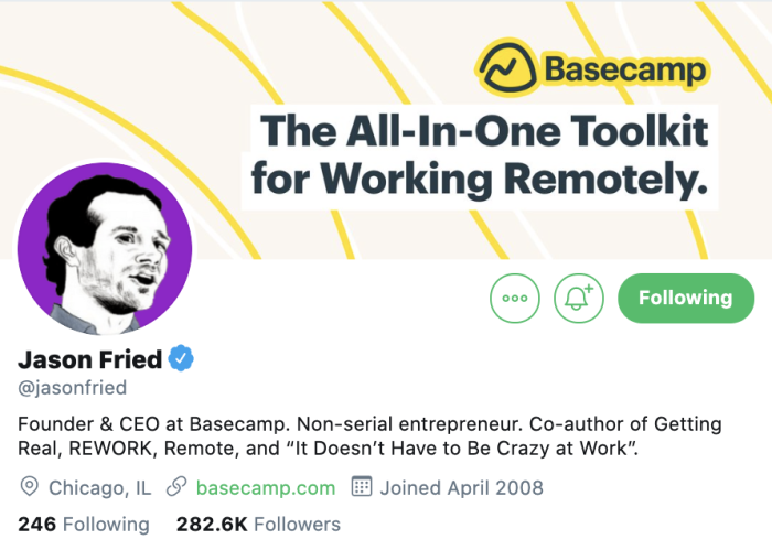 Jason Fried's Twitter profile, showing his handle @jasonfried and bio as Founder & CEO at Basecamp