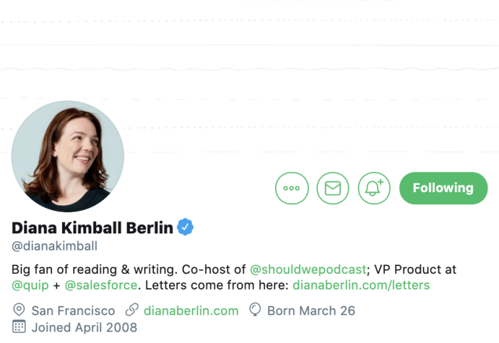 Diana Kimball Berlin's Twitter profile (@dianakimball), showing her bio as VP Product at Quip and Salesforce with a verified badge.