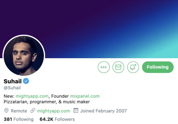 Twitter profile for Suhail Doshi (@Suhail), founder of Mixpanel