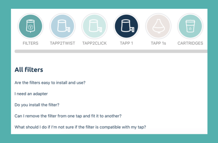 A product help center with icon-based category navigation — TAPP 1 highlighted as the active selection — and a list of FAQ questions about filters below.