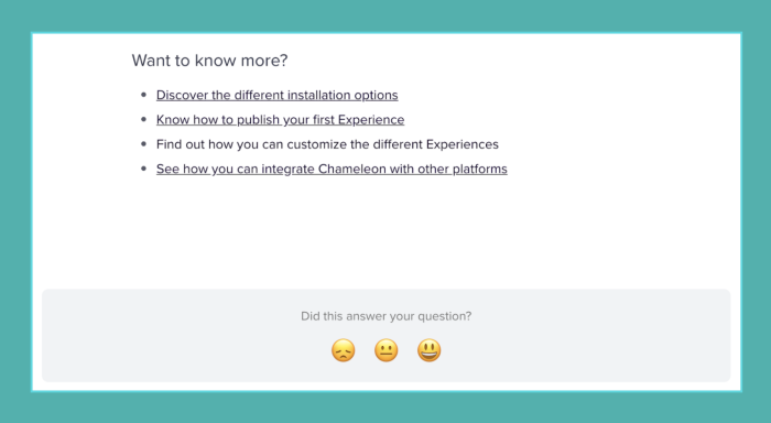 A help center article page with a 'Did this answer your question?' satisfaction widget offering three emoji rating options.
