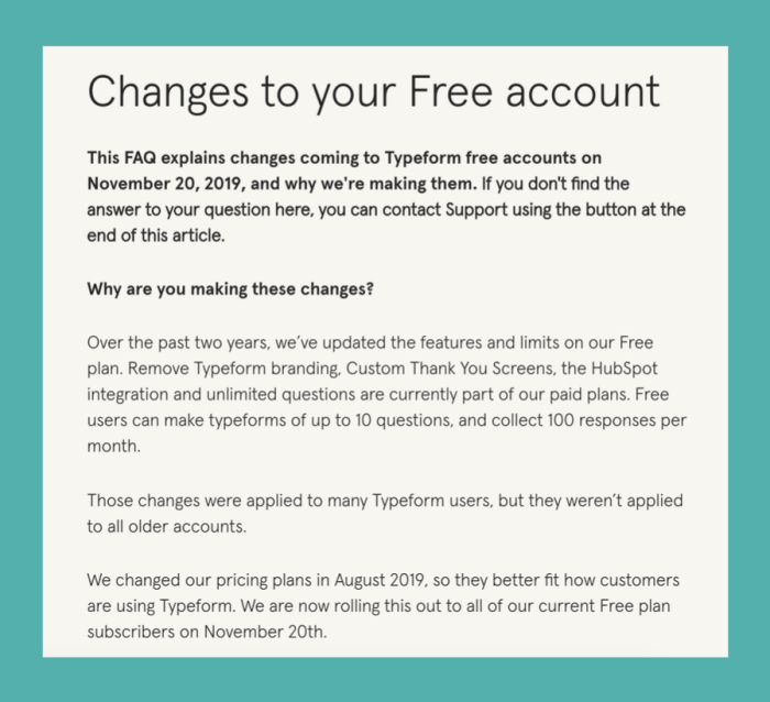 A screenshot of Typeform's FAQ page explaining upcoming changes to free-tier accounts and the reasoning behind them.