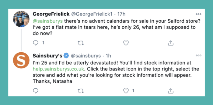 A Twitter thread showing a customer complaint about out-of-stock advent calendars and a witty, personable reply from the Sainsbury's social team.