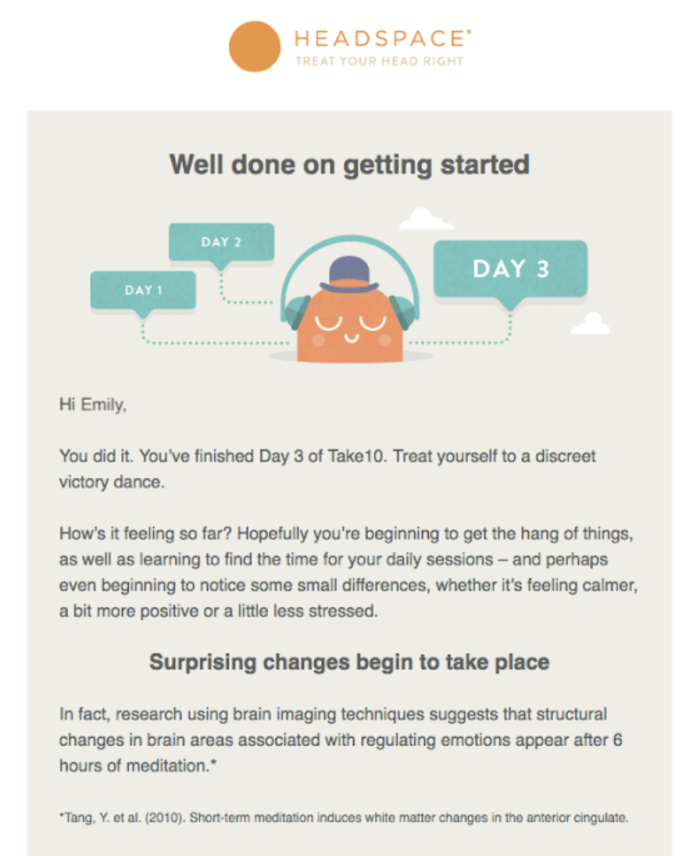 A Headspace onboarding email celebrating completion of a 3-day meditation streak, featuring the brand mascot surrounded by day-count speech bubbles and a motivational message.