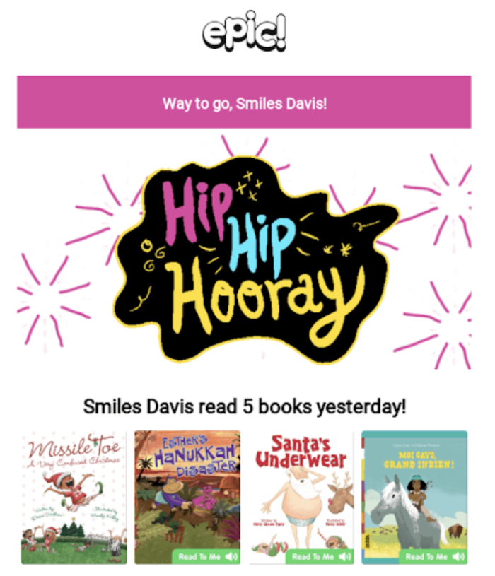 An Epic! reading app milestone achievement email celebrating a user's reading progress, with recently read book covers displayed below.