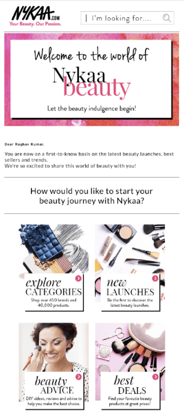Nykaa.com's welcome onboarding email asking new customers how they would like to start their beauty journey, with four category options.