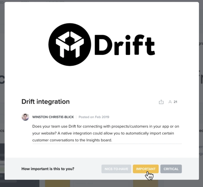 A Drift feature request card asking users to vote on a native Drift integration, with 'Important' highlighted