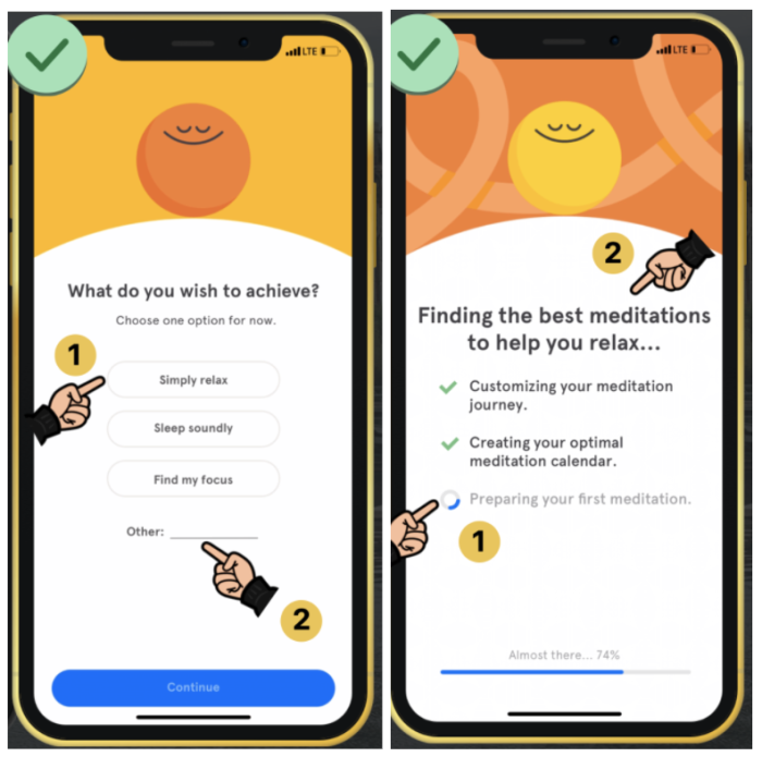 Two annotated Headspace mobile app screenshots showing an onboarding goal-selection screen and a personalized loading screen preparing the user's first meditation.