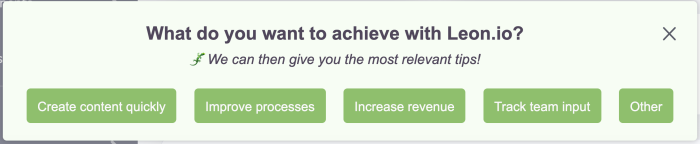 An in-app onboarding modal asking users to identify their primary goal, with multiple selectable options