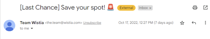 A Gmail inbox view of a Wistia marketing email with the subject line 