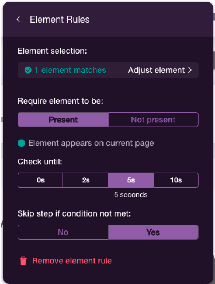 The Chameleon Builder's Element Rules panel, with controls for element selection, presence condition, check timing, and skip-if-unmet behavior