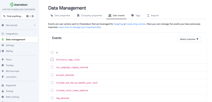 The Chameleon dashboard's Data Management screen with the User Events tab selected, showing a list of imported user events.