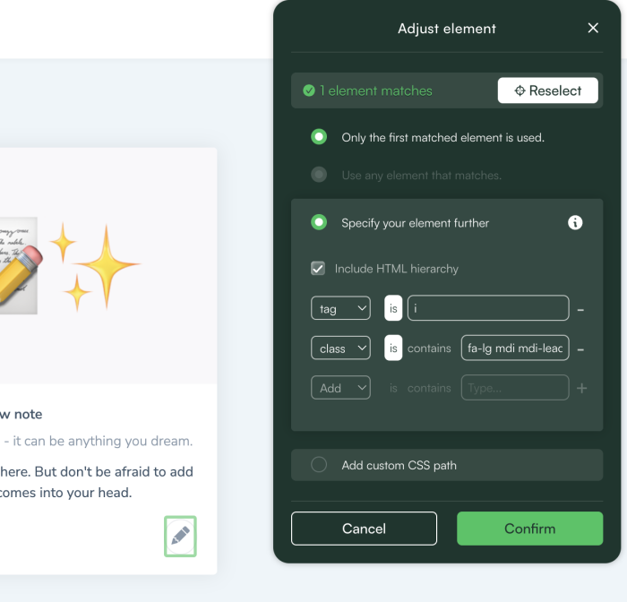 The Chameleon Builder's element targeting panel, with controls to match and filter which page element a step launches from.