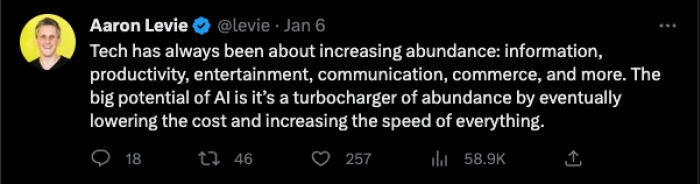 A tweet by Aaron Levie describing AI as a turbocharger of abundance that lowers costs and increases the speed of everything