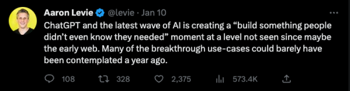 A tweet from Aaron Levie about ChatGPT and AI creating breakthrough use cases at a scale not seen since the early web.