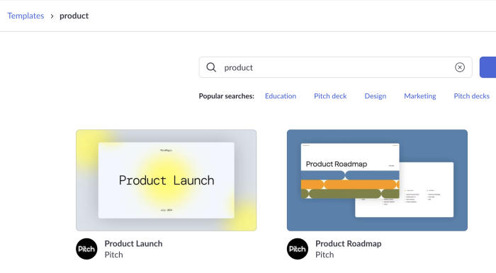 Pitch's template search results page showing two product-related presentation templates.