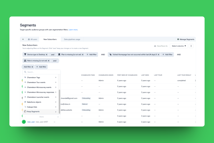 The Chameleon Segments dashboard with a filter dropdown open, showing Heap Segments as an available filter source for defining a user segment.