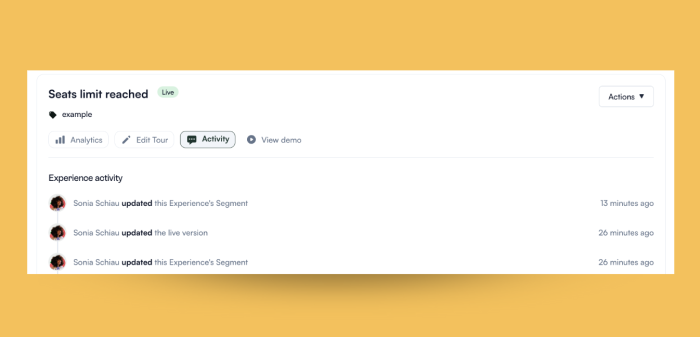 The Chameleon dashboard's Activity tab for a live experience, showing a feed of recent segment and live version updates.