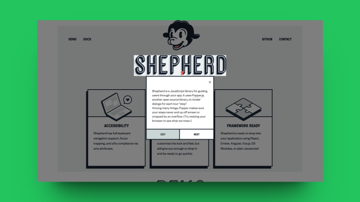 The ShepherdJS website showing a tour step popup introducing the library, with Exit and Next buttons.