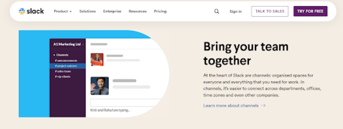 Slack's homepage featuring the headline 'Bring your team together' alongside a preview of the Slack product interface