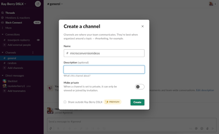 Slack's 'Create a channel' dialog with a name field filled in, an optional description, a privacy toggle, and a Create button.