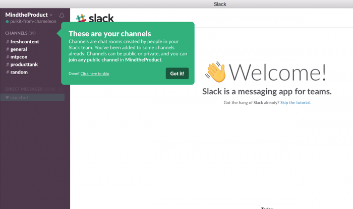 A screenshot of Slack’s interactive product walkthrough with bold colors