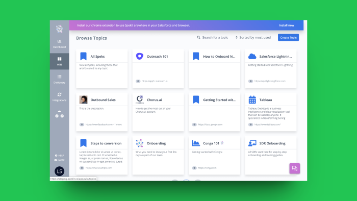 The Spekit wiki's Browse Topics view, showing a grid of topic cards for training, onboarding, and tool-specific resources.