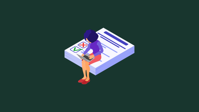 An illustration of a person sitting on a large stack of survey forms and using a laptop, with checkmark and X response options on the forms.