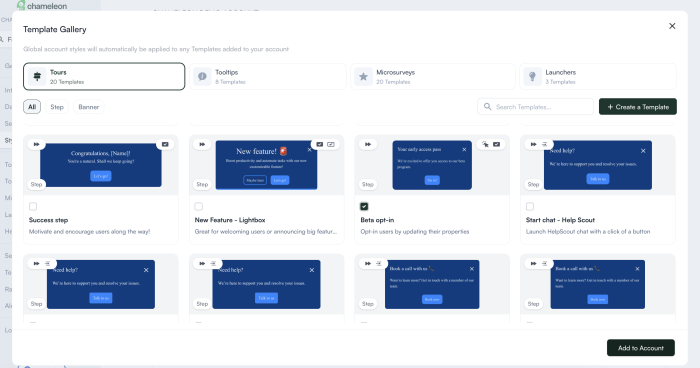 The Chameleon Template Gallery with a searchable grid of tour templates as well as category tabs for Tooltip, Microsurvey, and Launcher templates.
