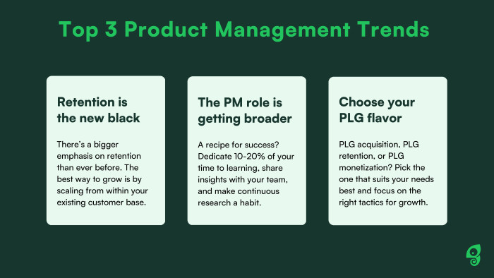 Top 3 Product Management Trends — three cards: Retention is the new black, The PM role is getting broader, and Choose your PLG flavor, each with a brief summary