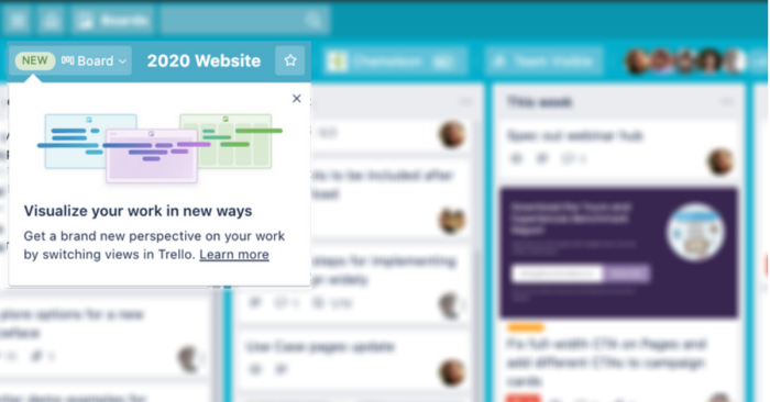 A Trello feature announcement tooltip introducing a new feature, with an illustration, overlaid on a Trello board.