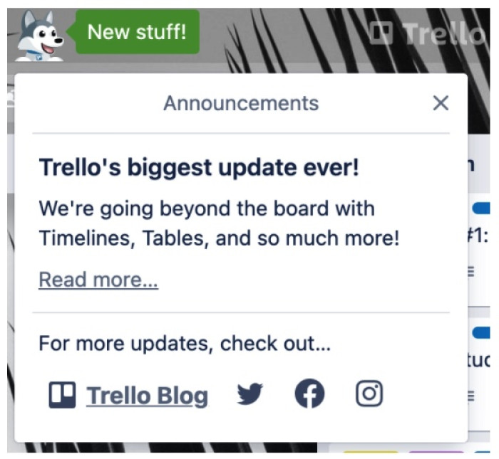 A Trello announcements panel triggered by the mascot icon, featuring a major product update announcement with links to the blog and social channels.