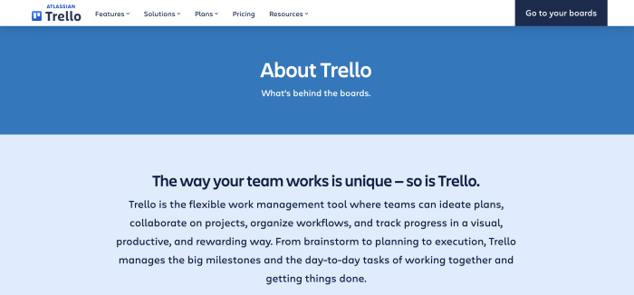 Trello's 'About Trello' webpage, showing the headline 'The way your team works is unique – so is Trello' and supporting product description copy.