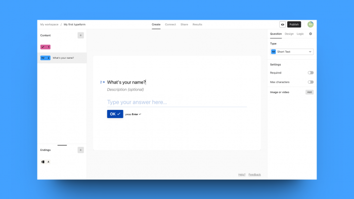 A screenshot of Typeform, a UserGuiding Competitor and survey builder