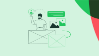 An illustration of a person pointing at a user profile icon, with a speech bubble, image placeholders, and envelopes connected by a feedback arrow.