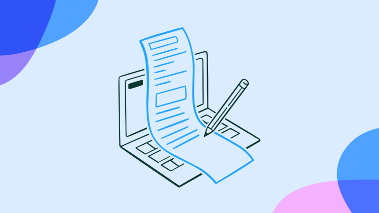 An illustration of a laptop with a document emerging from the screen and a pencil writing on paper.