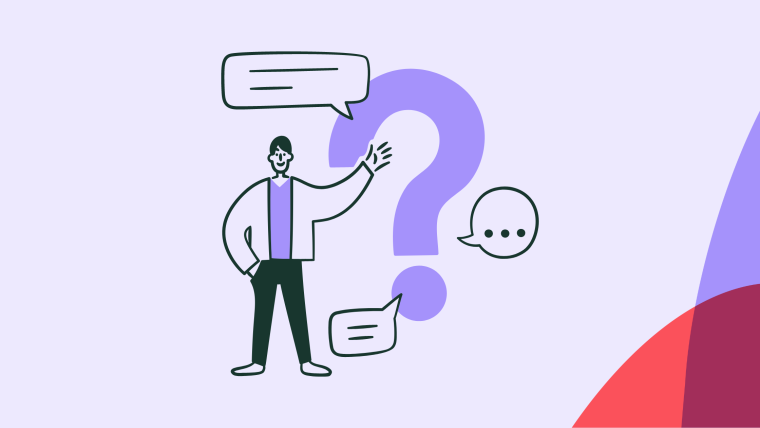 An illustrated person gesturing toward a large question mark, surrounded by speech bubbles