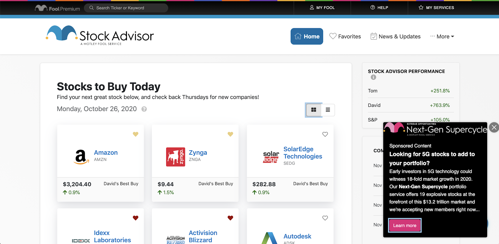 A Chameleon upsell modal on The Motley Fool's Stock Advisor page, prompting users to learn about an additional investment service.