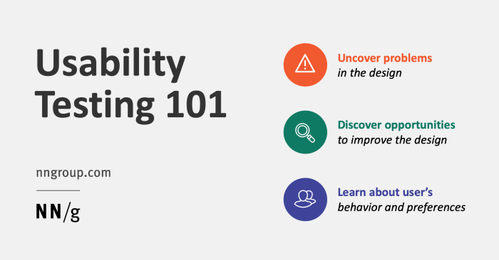 A Nielsen Norman Group diagram titled 'Usability Testing 101' listing three goals: uncover problems in the design, discover opportunities to improve the design, and learn about users' behavior and preferences.