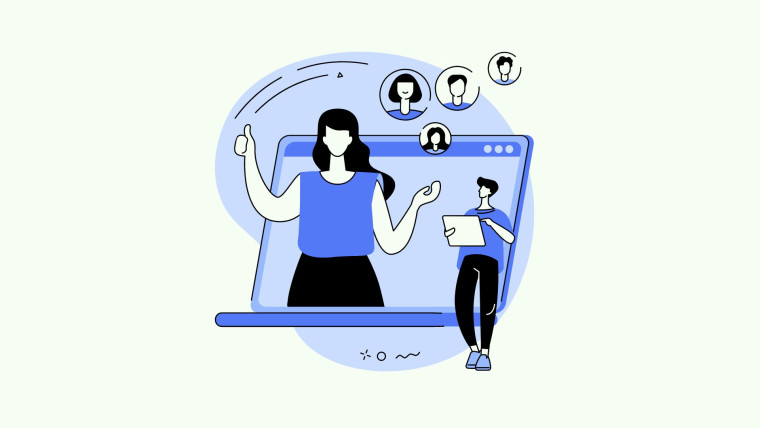 An illustration of a figure emerging from a laptop screen surrounded by circular user avatars, with a second figure holding a clipboard nearby.