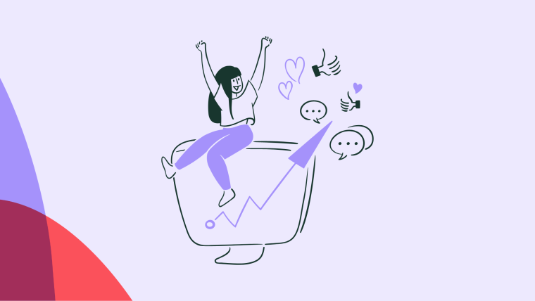 An illustration of a person celebrating atop a monitor displaying an upward-trending chart, with hearts, thumbs-up, and speech bubble icons floating around them.