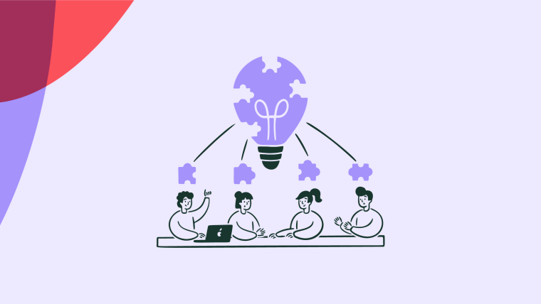 An illustration of four people sitting at a table, with a large puzzle-piece lightbulb above them and smaller puzzle pieces floating between them.