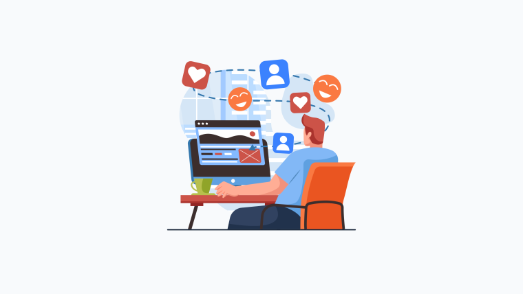 An illustration of a person at a computer with social reaction icons — hearts, happy faces, and profile icons — floating above the screen.
