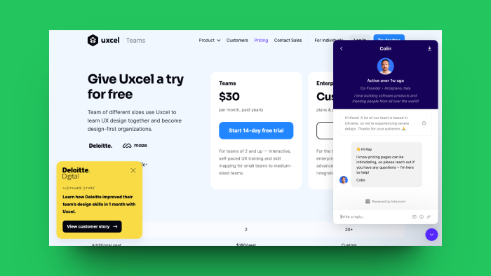 Uxcel's pricing page overlaid with a yellow customer story promotional card for Deloitte Digital in the lower left and an Intercom chat widget open in the upper right with a support message.