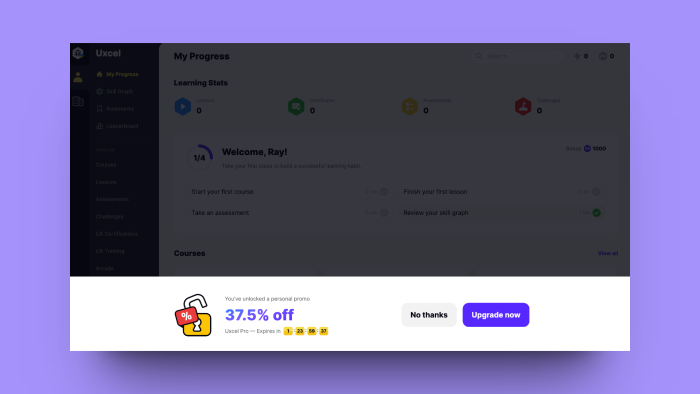Uxcel's My Progress dashboard overlaid with an in-app banner offering a personal promo discount on Uxcel Pro, with 'No thanks' and 'Upgrade now' buttons.