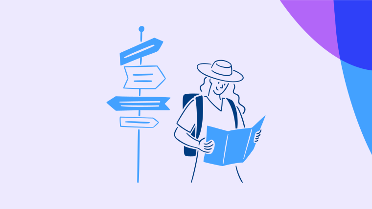 An illustration of a traveler with a backpack and map standing beside a multi-directional signpost