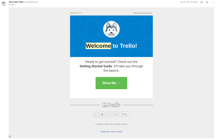 Trello's welcome onboarding email with a 'Welcome to Trello!' heading, body text directing users to the Getting Started Guide, and a 'Show Me' CTA button.
