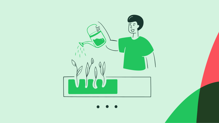 An illustration of a person watering seedlings growing in a planter box.